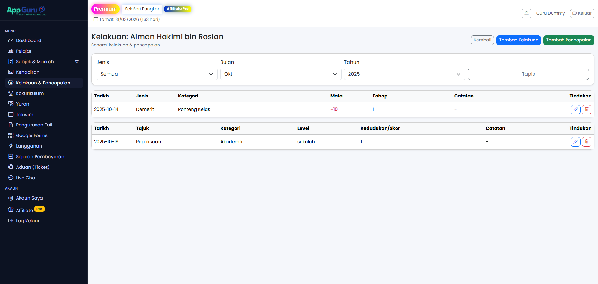 Kelakuan & Pencapaian